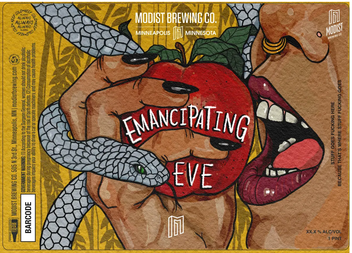 Label illustration of a hand holding an apple with a snake wrapped around it, for Modist Brewing Co.'s Emancipating Eve release.