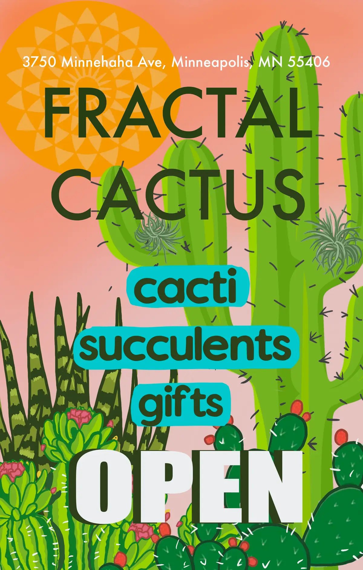 Illustrated shop signage for Fractal Cactus, featuring cacti and succulents.