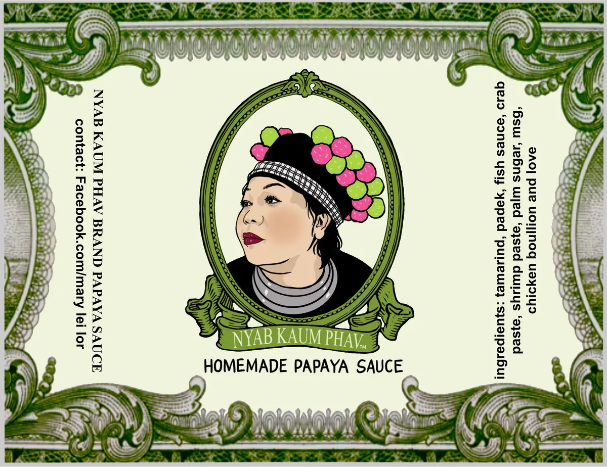 Label design featuring an illustrated portrait, for Nyab Kaum Phav homemade papaya sauce.