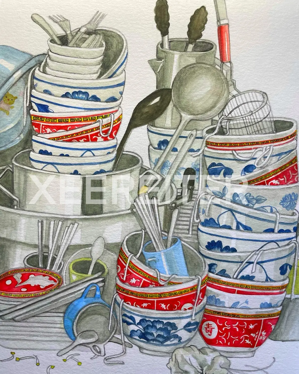 Watercolor illustration of family members washing dishes after a gathering.