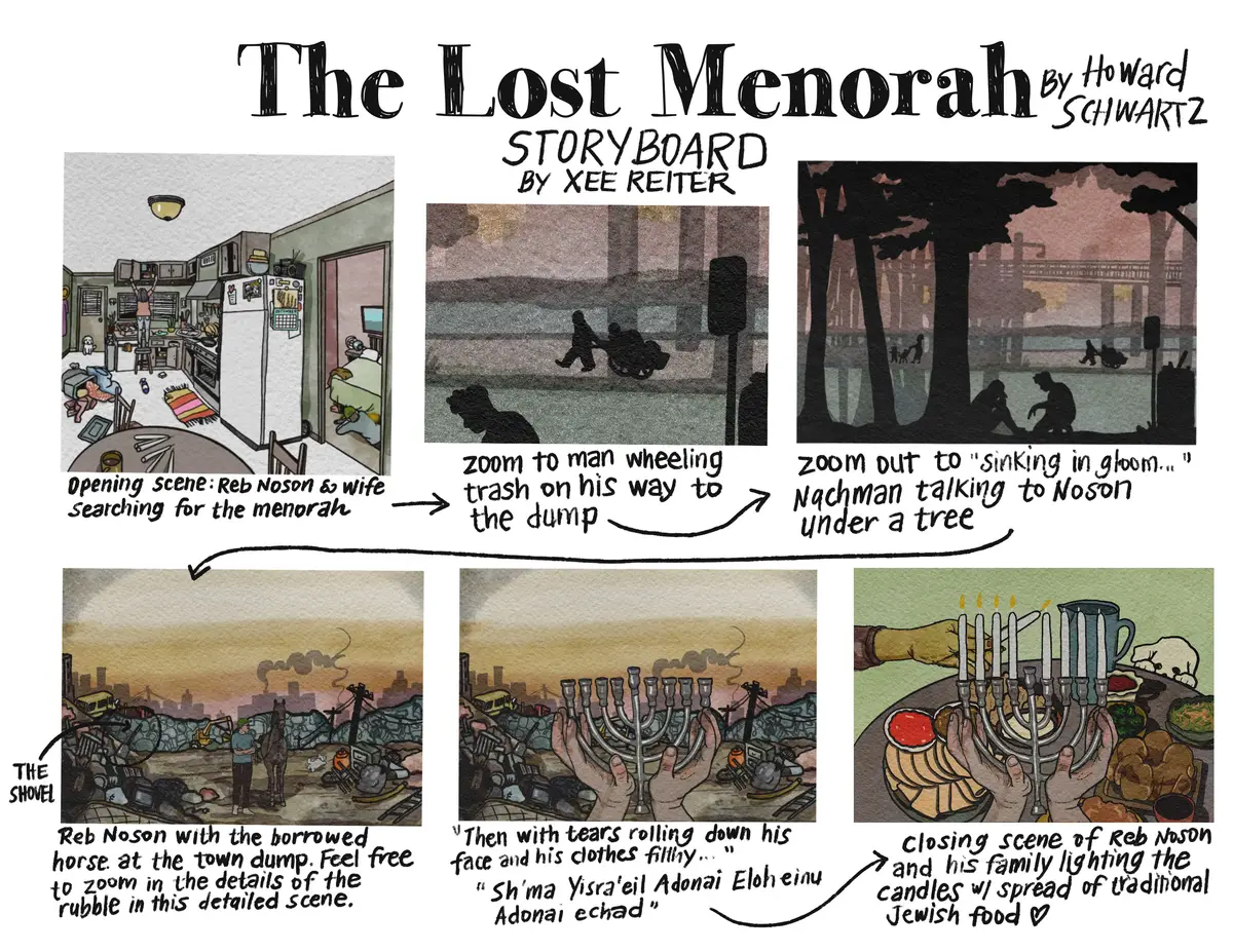 Storyboard illustration for an MPR Classical Story Time segment, The Lost Menorah.